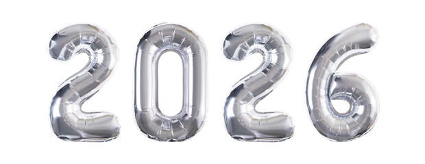 silver inflatable balloons shaped as the numbers 2026, reflective metallic surface catching light, elegant festive look, isolated on a clean white background