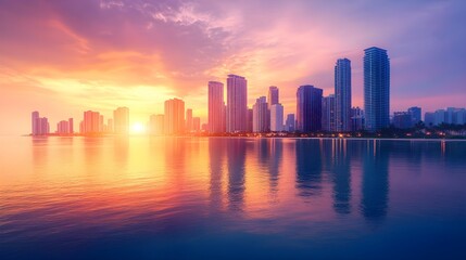 Fototapeta premium City skyline reflecting in calm water at sunset