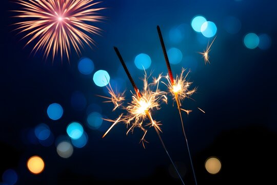 Sparklers creating mesmerizing sparks against a backdrop of fireworks and bokeh lights