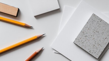 Creative Workspace Flat Lay with Pencils, Swatches, and Geometric Shapes on White Background