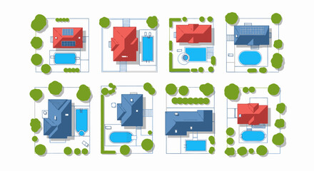 Top view vector illustration of houses with swimming pools and trees, white background