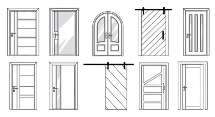 Outline illustration of modern interior doors of different designs and shapes, white background