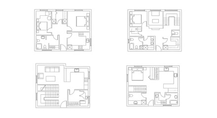 Set of four house floor plans in simple black outline vector illustration, white background