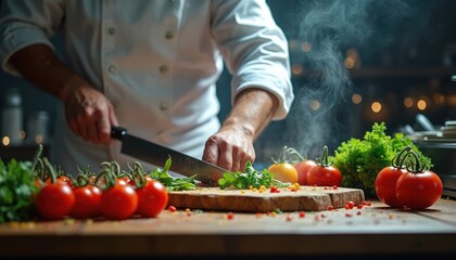Pro chef in white coat slicing fresh vegetables on wooden cutting board. Chef cuts tomatoes, parsley with large knife. Steam rises from chopping board with spices, herbs, tomatoes. Kitchen background