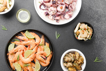 Seafood platter with shrimp, octopus, mussels and olives for tapas or dinner sharing concept