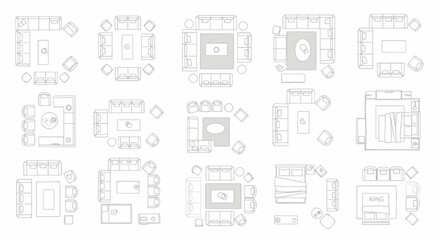 Furniture arrangement plan showing an overhead view of multiple sofa, chairs, and bed configurations, white background