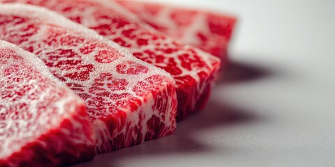 Close-up of Premium Raw Wagyu Beef Slices with Marbling, Ideal for Grilling and Gourmet Cuisine