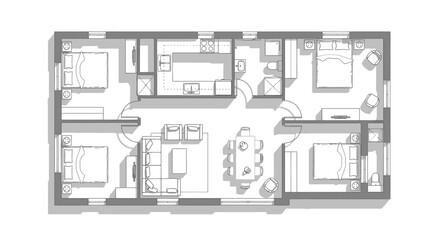 Architectural plan with furniture arrangement, showcasing sofas, beds, tables and kitchen top view, white background
