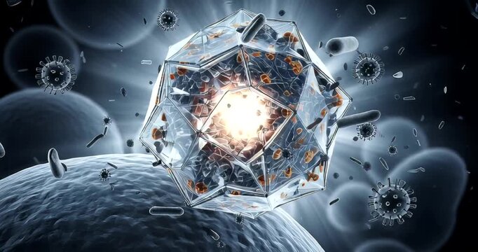 Intricate depiction of a virus interacting with cells, showcasing microscopic details