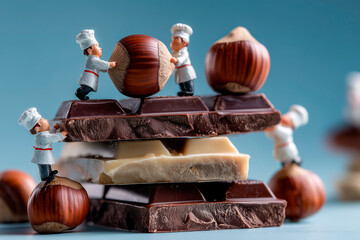A whimsical stack of chocolate bars with tiny chef figurines mounting the blocks, in a playful culinary scene.