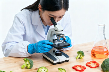 Woman in lab coat using microscope
