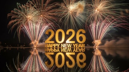 Elegant waterfront 2026 new year celebration with glowing golden text and mirrored fireworks on calm night water
