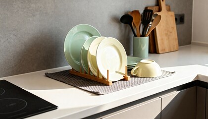 Clean dishes stacked on drying mat in morning light with utensils nearby and simple, kitchen mood