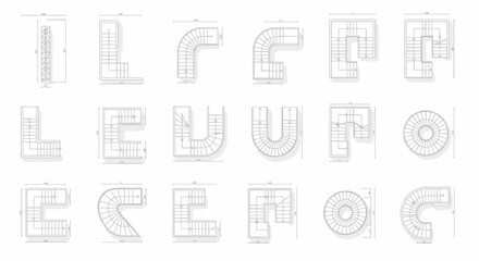 Collection of schematic staircase layouts and designs for architectural plans, white background
