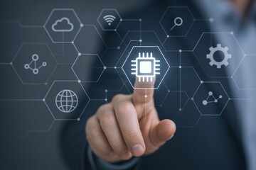 Businessman touching virtual screen with chip, representing technology, artificial intelligence, machine learning, and future innovation