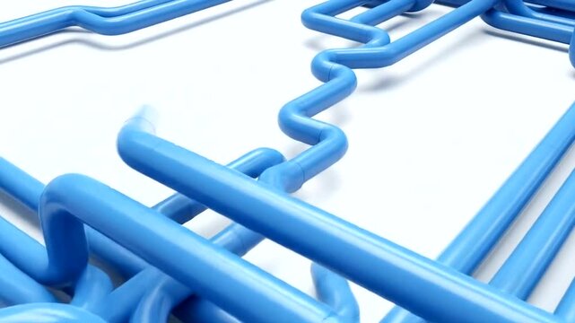 Abstract blue pipes intertwining in a complex pattern against a white background