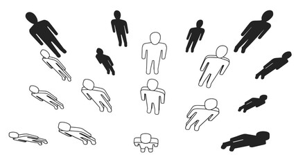 Top view of multiple standing people outlines in a vector illustration, white background