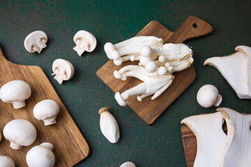 Assorted mushrooms on boards with dark green background for harvest variety or vegetarian cooking concept