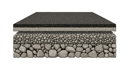 Illustration showing a pavement structure with layers of asphalt, gravel and stone, white background