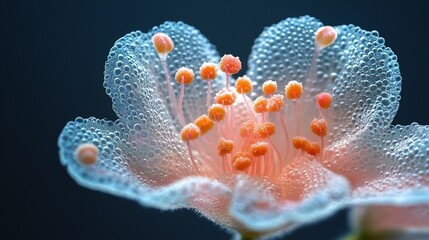 Close up of light pink flower with translucent petals and water droplets showing ethereal botanical detail and delicate freshness