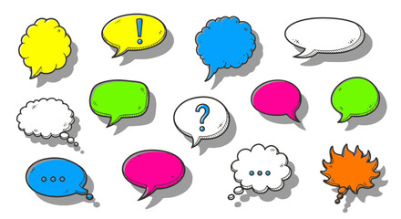 Collection of Colorful Hand-Drawn Speech Bubbles for Communication and Design, white background
