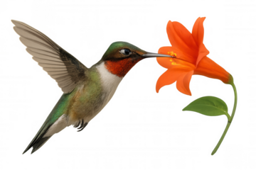 Hummingbird with ruby throat hovering, feeding nectar from an orange trumpet flower with transparent background