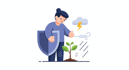 Person holding shield protecting small plant from storm.