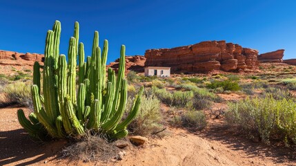 Stunning Desert Landscape with Cacti, Red Rock Formations, and a Small White House Under Clear Blue Sky