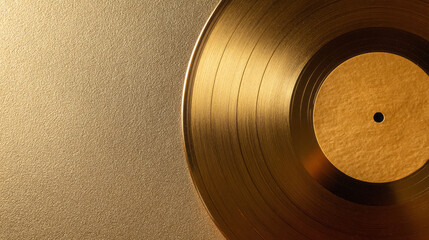 Vinyl record on golden background for music album design, label branding and studio template.