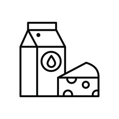 Milk carton with a drop symbol next to a triangular piece of cheese with holes