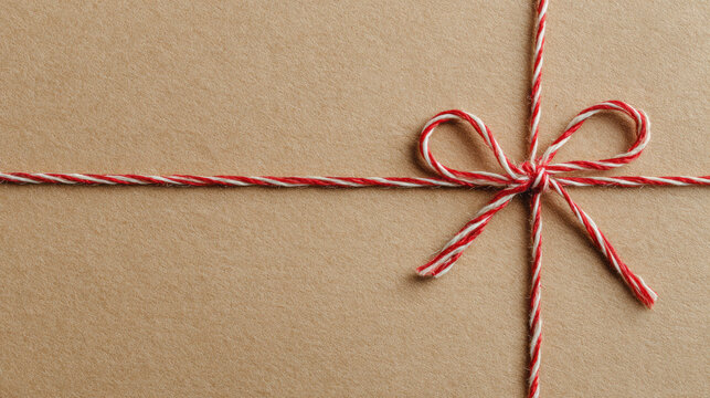 Twine or string tied in a bow for christmas gift on kraft wrapping paper background.
