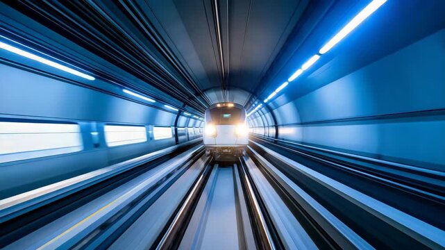 High-speed train traveling through a futuristic-looking blue tunnel with motion blur and visible tracks and overhead lighting