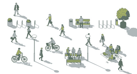 Architectural vector illustration featuring top-down view of people engaged in various activities, white background