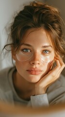 In the mirror, the girl looks.  The youngster applied gel patches beneath her eyes.