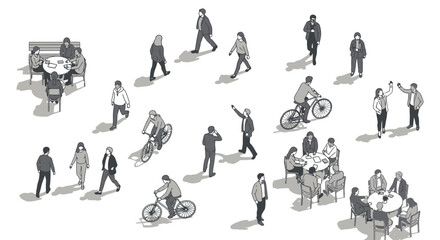Architectural vector illustration featuring top-down view of people engaged in various activities, white background