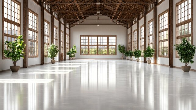 Spacious and Bright Indoor Hall with Large Windows and Green Plants, Ideal for Events or Workshops