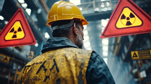 Factory Hazard, industrial zone with hazard signboards glowing in yellow and red, workers cautious in activity.