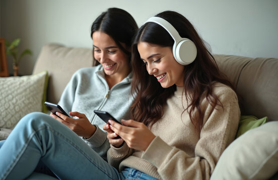 Two women use smartphones at home. Sisters browse online relax together on couch. Girl listen music with headphone. Females enjoy surfing net via mobile phone device in living room.