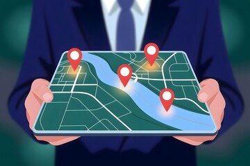 Business person holds a digital map with location markers, highlighting strategic points on a virtual display. The map reveals multiple pinpoints over a river and pathways, creating a visual guide.