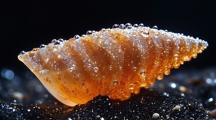 Close up of spiral orange seashell with water droplets on ridged surface showing textured detail and natural marine beauty