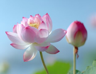 Close-up of a Beautiful Pink Lotus Flower Blossom with Bud Against a Serene Blue Sky
