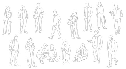 Vector illustration of diverse people outlines in various casual poses, white background