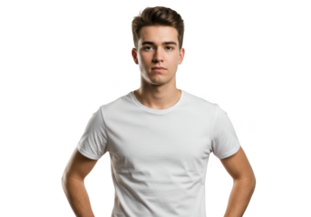 Young man in white t-shirt poses confidently for a professional studio portrait transparent background