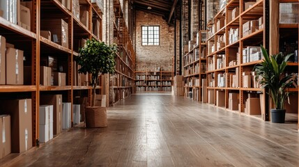Spacious warehouse with wooden shelves filled with cardboard boxes and potted plants under natural light