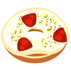 Vanilla Glazed Donut with Pistachio and Strawberry Toppings Vector Illustration