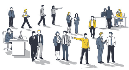 Obraz premium Architectural vector illustration of business people in various poses, white background