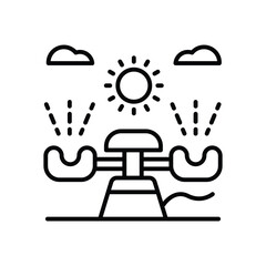 Sprinkler waters under sun  clouds on ground