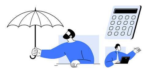 Man holding umbrella symbolizing protection, calculator as planning tool, professional working on laptop. Ideal for insurance, finance, risk management, investment, strategy, savings business