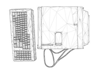 A retro computer keyboard and mouse in black and white, featuring a complex wireframe design composed of various geometric shapes and lines. This unique illustration is perfect for technology.