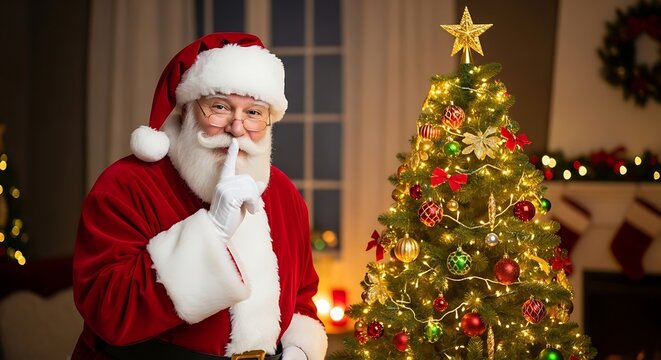 Santa Claus making a shushing gesture next to a decorated Christmas tree, hinting at a holiday secret. - Powered by Adobe